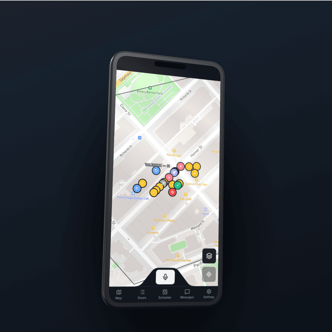 A procedurally generated phone rendered at an angle in the studio, showing a real app screenshot on its screen