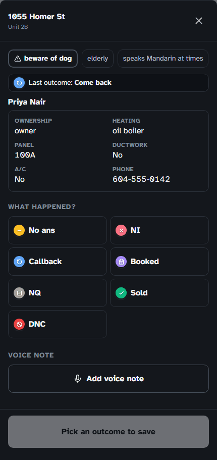 Knock sheet showing known household data, tags, and a row of outcome buttons