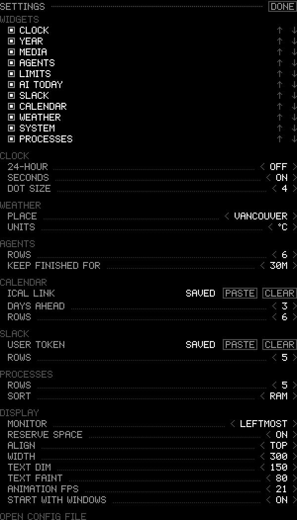 The settings panel: widget order with checkboxes and arrows, then clock, weather, agent, calendar, Slack, process and display options